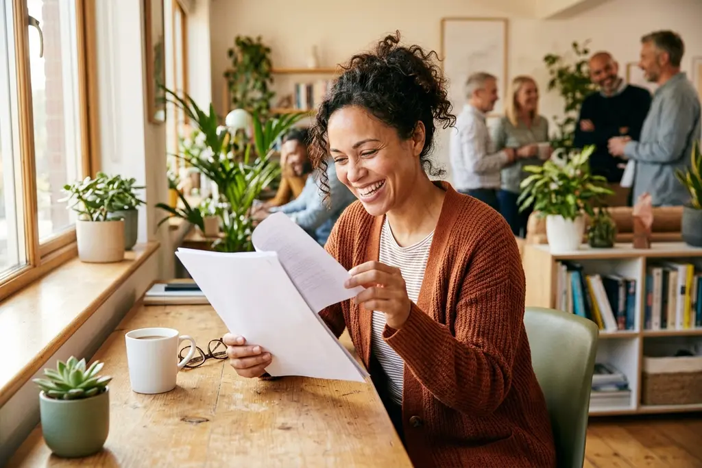 Reader working through a printed careers guide at a desk with a coffee