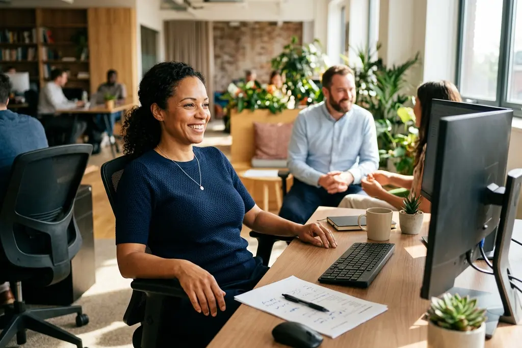 Finance manager working through month-end reporting at a desk in a UK office