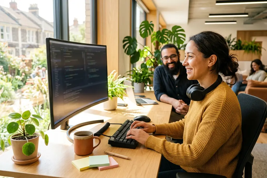 Software developer writing code at a desk in a UK technology office